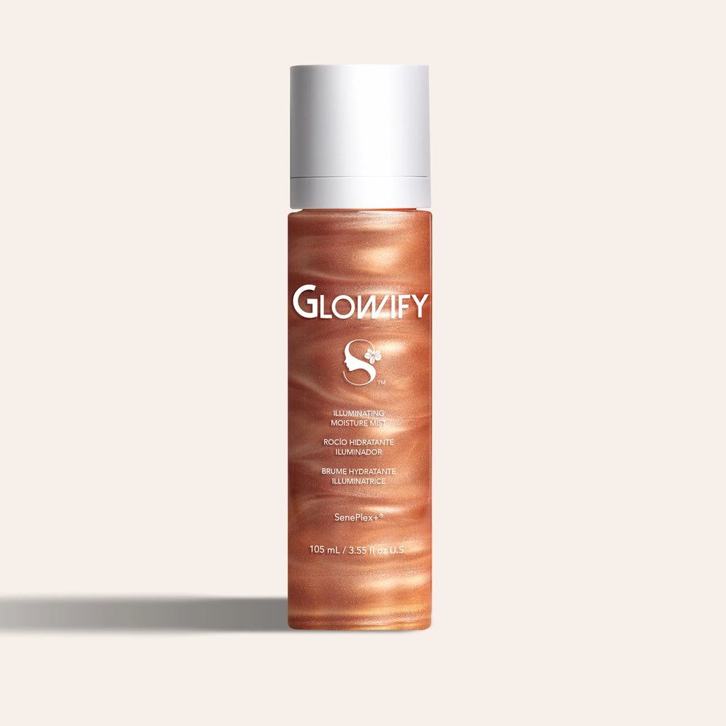 Glowify Illuminating Moisture Mist bottle with copper swirl finish and white cap