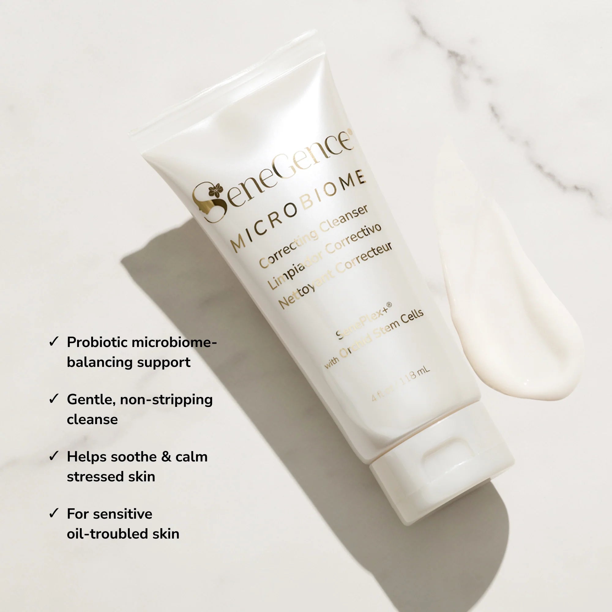 SeneGence Microbiome Correcting Cleanser product with benefit callouts.